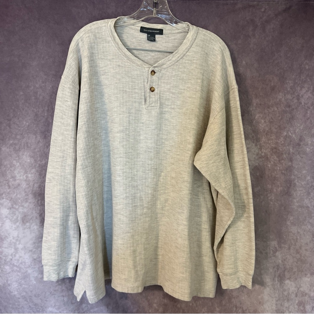 Basic Equipment Men’s 2X Gray Long Sleeve Ribbed Knit Henley T-Shirt Casual Tee